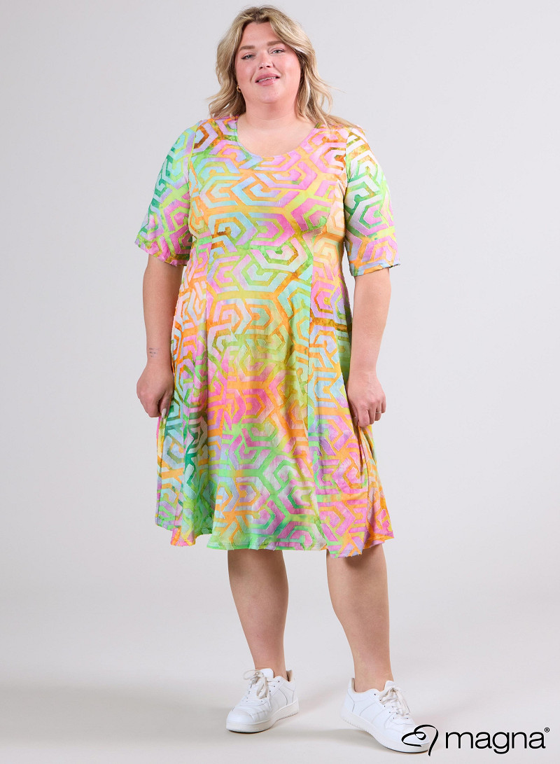 Long A-Line Dress (C-2513-MSH) T77008-Maze Design Pink-Orange-Lime