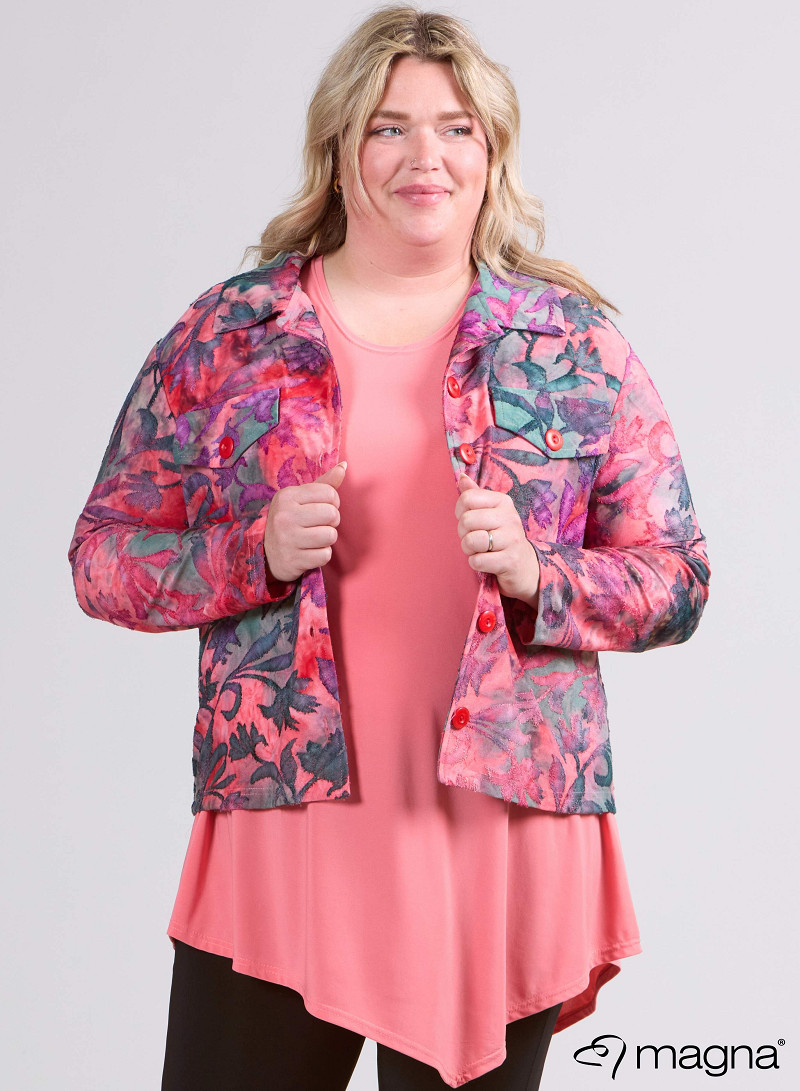 Jaquard Button Jacket (K-2402-MSH) U51066-Fall Leaves Coral