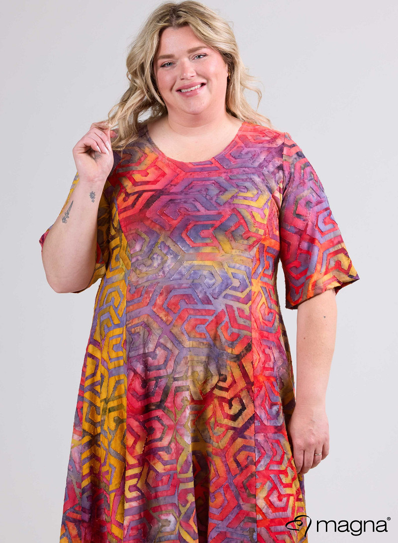 Long A-Line Dress (C-2513-MSH) T77076-Maze Design Red-Yellow