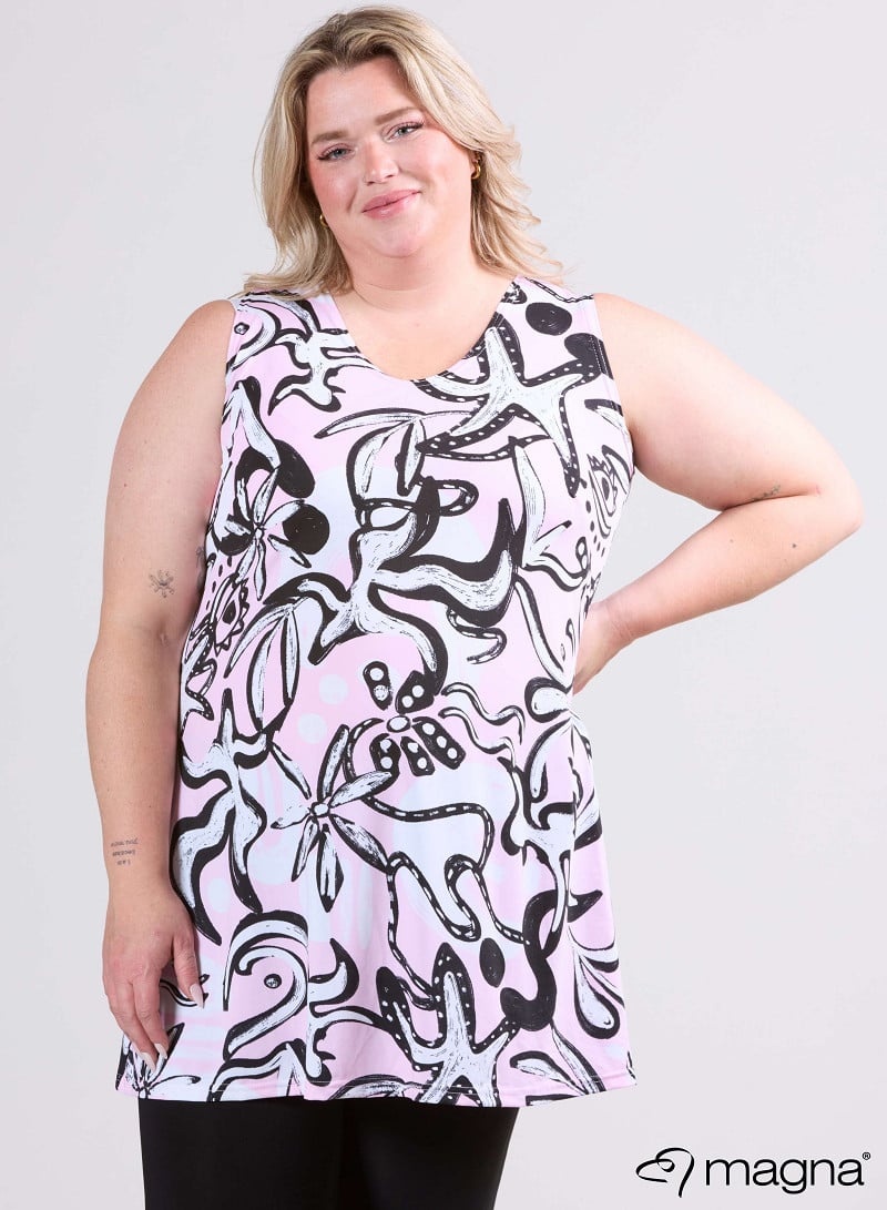 A-Line Sleeveless tunic/top (A-2302-PRINT) U25006-Groovy Pink