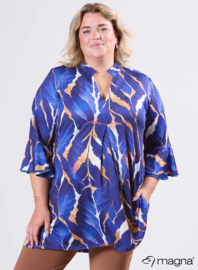 Flared Sleeves Relaxed Tunic (C-2503-PRINT) T69060-Autumn Leaves Royal Blue/Camel