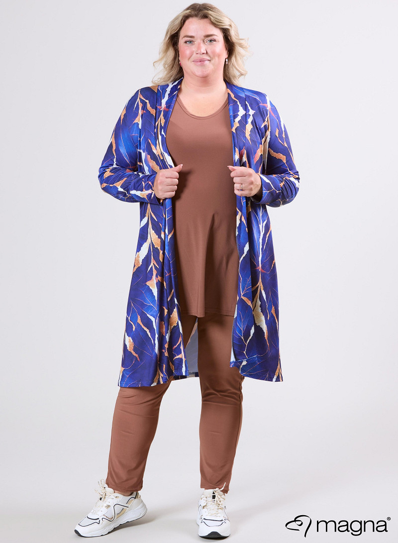 Open Front Loose Cardigan (N-2201-PRINT) T69060-Autumn Leaves Camel-Blue
