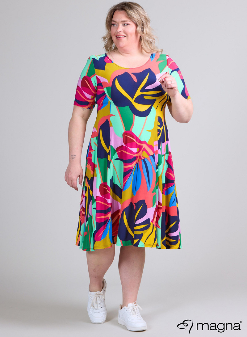 Long A-Line Dress (C-2203-PRINT) T86067-Big Leaves Magenta-Mint