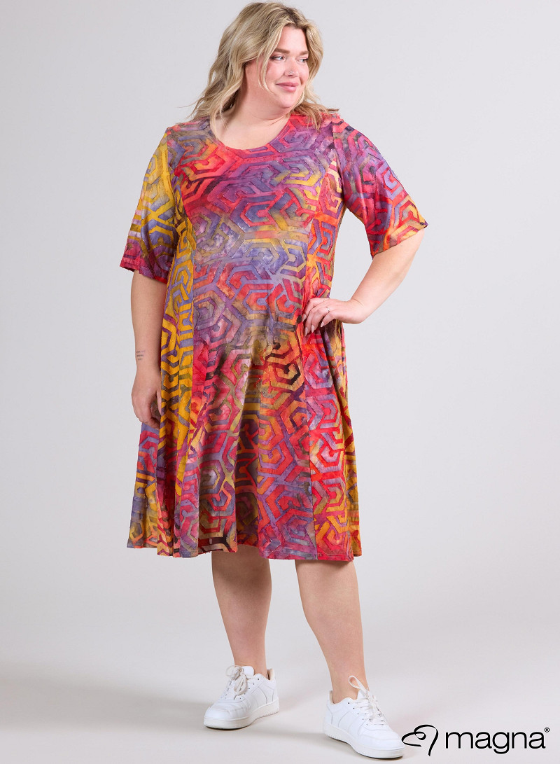 Long A-Line Dress (C-2513-MSH) T77076-Maze Design Red-Yellow