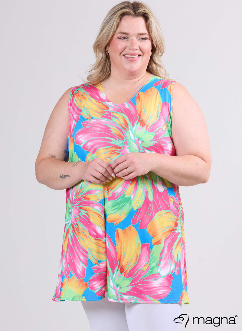 A-Line Sleeveless tunic/top (A-2302-PRINT) T75006-Neon Flower Pink-Green