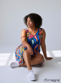 A-Shaped Sleeveless Split Dress (C-2323-PRINT) T30060-Bold Lines Waves Blue-Pink