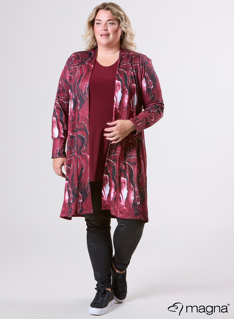 Open Front Loose Cardigan (N-2201-PRINT) T70032-Pebble Waves Wine Red