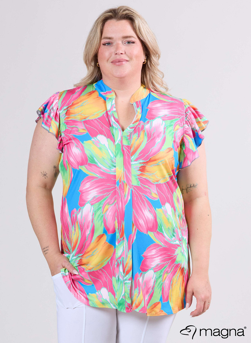 Sleeveless Frill Tunic (C-2305-PR) T75006-Neon Flower Pink-Green