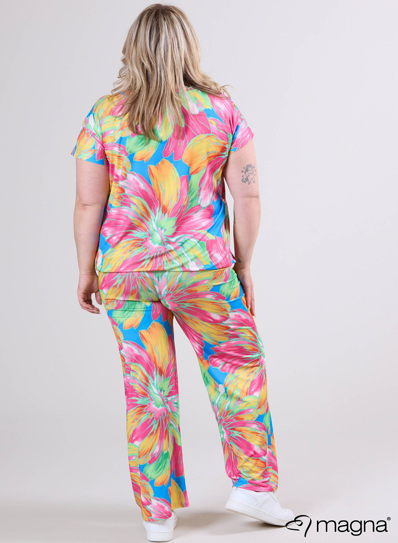 Simple Elastic Band Shirt (A-2502-PRINT) T75006-Neon Flower Pink-Green