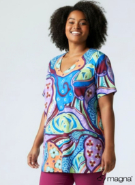 Short Sleeve A-lijn Shirt (B-9004-PRINT) T20019-Flower Orange-Blue