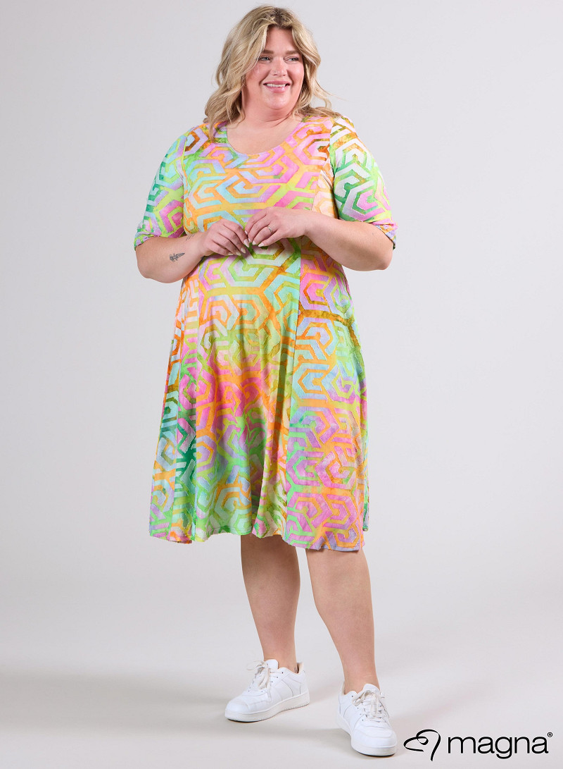 Long A-Line Dress (C-2513-MSH) T77008-Maze Design Pink-Orange-Lime