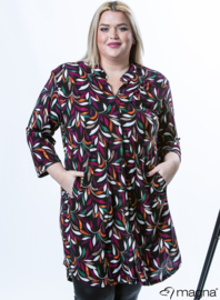 A-Line Long Pocket Tunic (C-2217-PR) X30026-Small Leaves Plum-Green