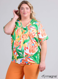 Flowy V-Neck Shirt (B-2103-PRINT) U11058-Jungle Green-Orange