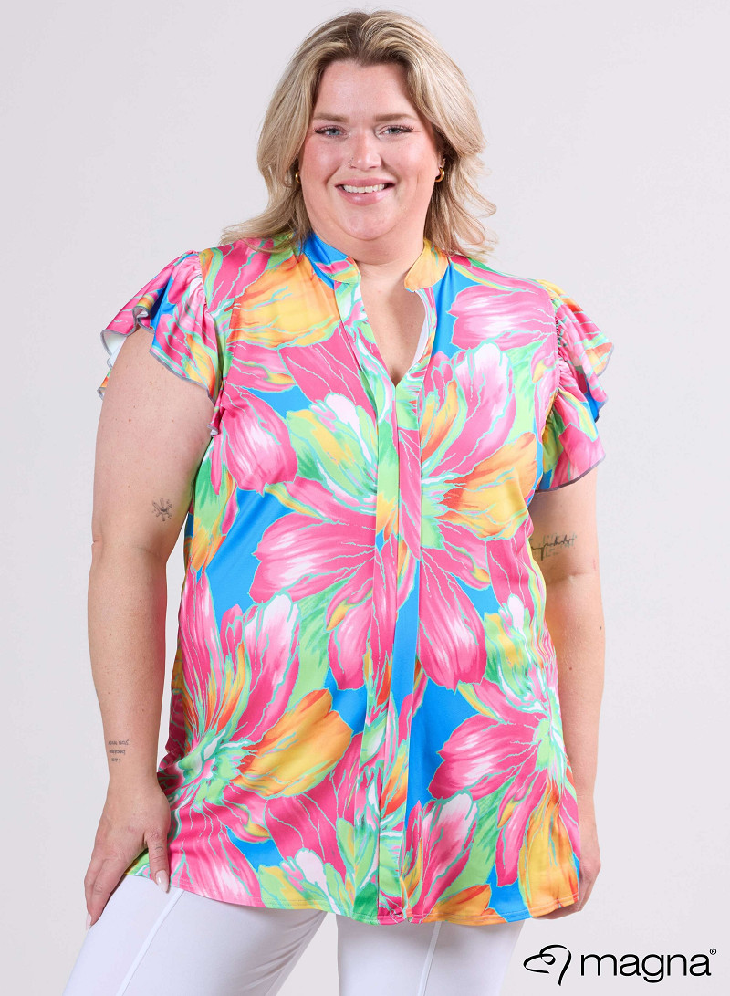 Sleeveless Frill Tunic (C-2305-PR) T75006-Neon Flower Pink-Green