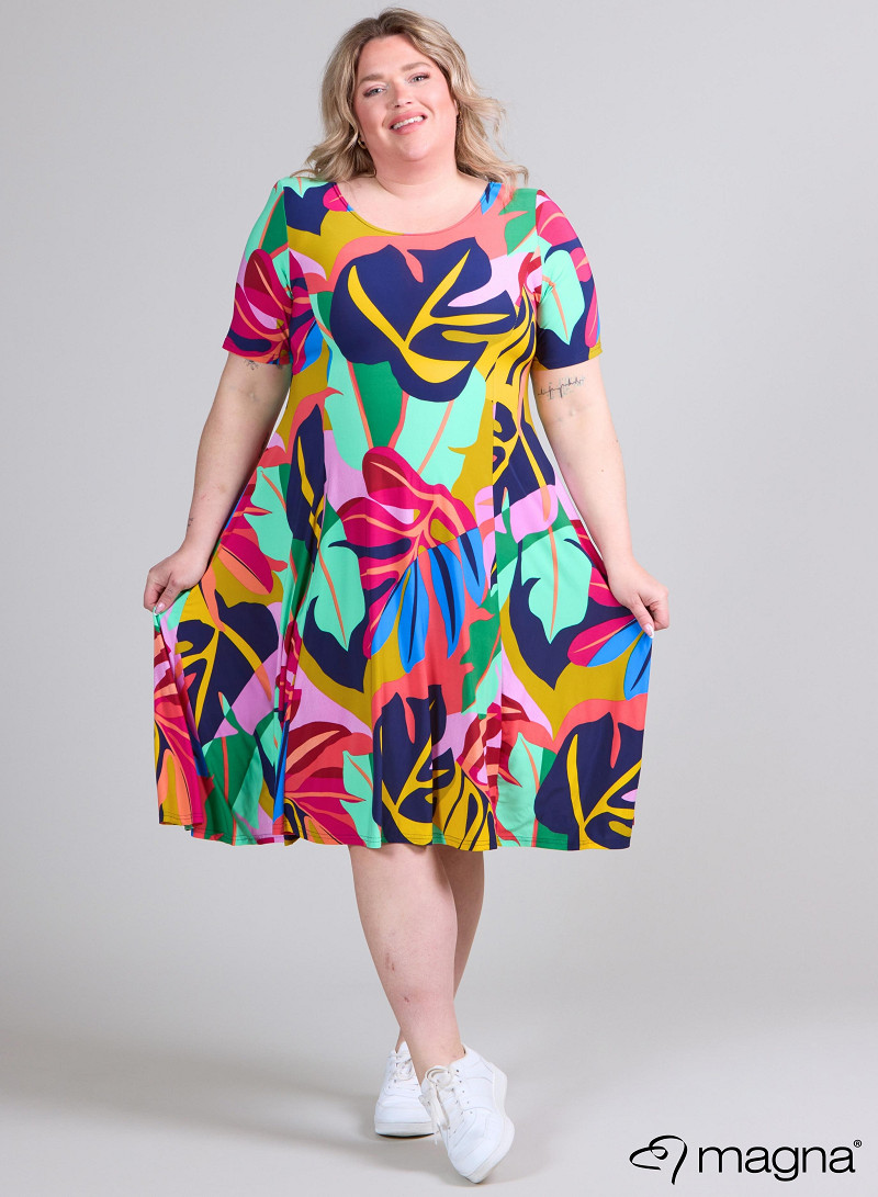 Long A-Line Dress (C-2203-PRINT) T86067-Big Leaves Magenta-Mint