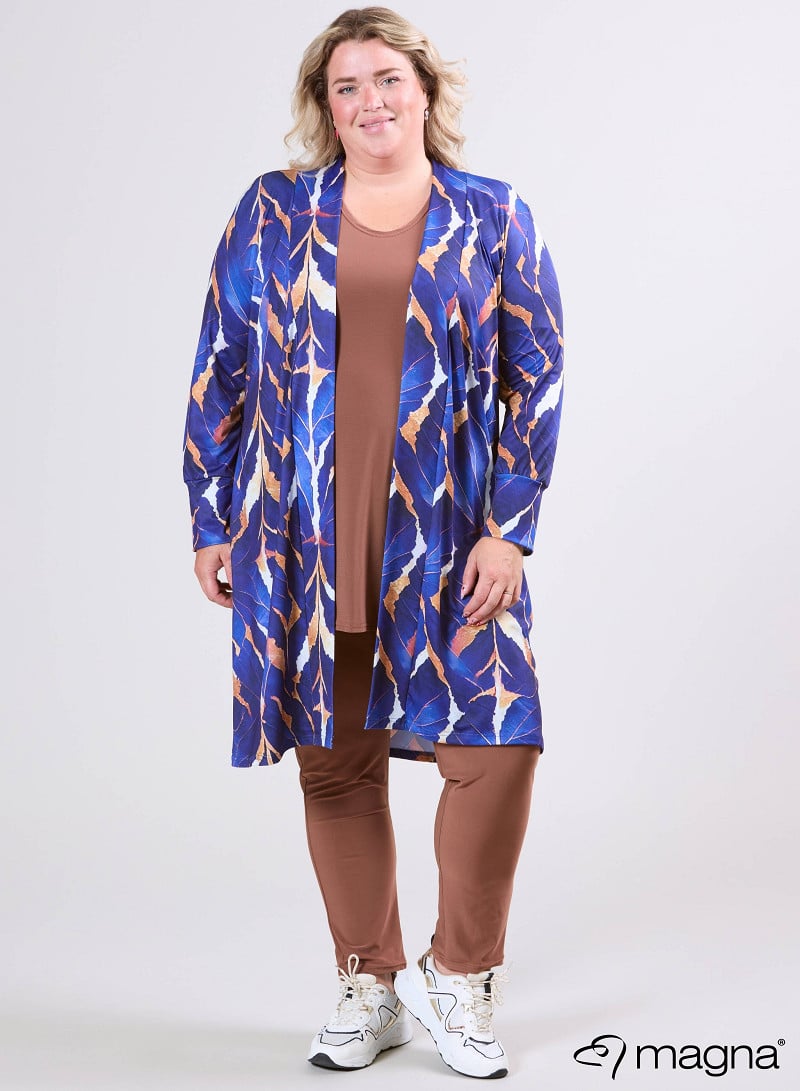 Open Front Loose Cardigan (N-2201-PRINT) T69060-Autumn Leaves Camel-Blue