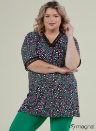Wide Lace Detail A-Line Shirt (B-2423-VP) V-54006-Leopard Pink-Green