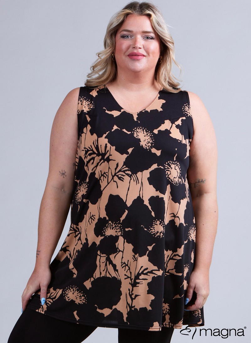 A-Line Sleeveless tunic/top (A-2302-PRINT) V59061-Bamboo Jungle Taupe