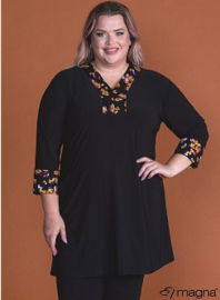 V-nek tuniek met print afwerking langs hals en mouwen (C-2220) 001-zwart - X97065-Leopard Ochre