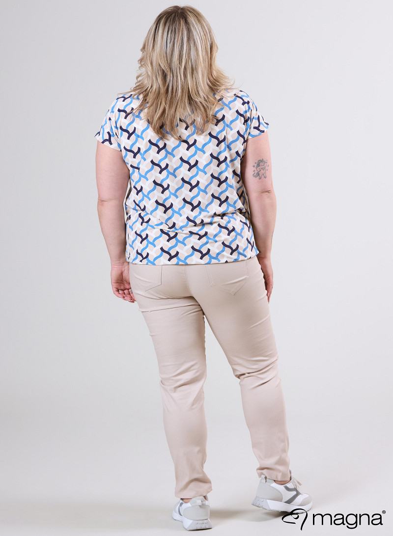 Simple Elastic Band Shirt (A-2502-PRINT) T72071-Woven Blue-Sand
