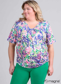 Flowy V-Neck Shirt (B-2103-PRINT) U06060-Leaves Blue-Green