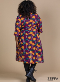 Chiffon Long Buttons-Up Tuniek-Jurk (ZF-DR-1004-PR) X64026-Plum-Orange Leafs