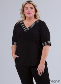 V-Neck Wide Trim Shirt (B-2422) V14001-3-Lines Black-Creme