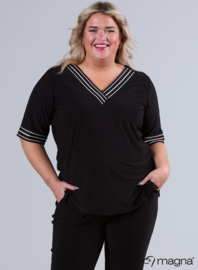 V-Neck Wide Trim Shirt (B-2422) V14001-3-Lines Black-Creme
