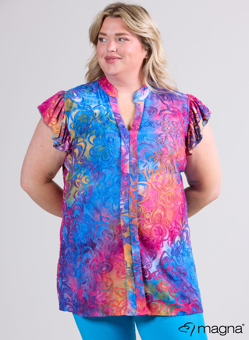 Sleeveless Frill Tunic (C-2305-MSH) T99006-Flower Pink-Blue