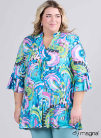 Flared Sleeves Relaxed Tunic (C-2503-PRINT) T39008-Flowing Canvas Lime-Pink