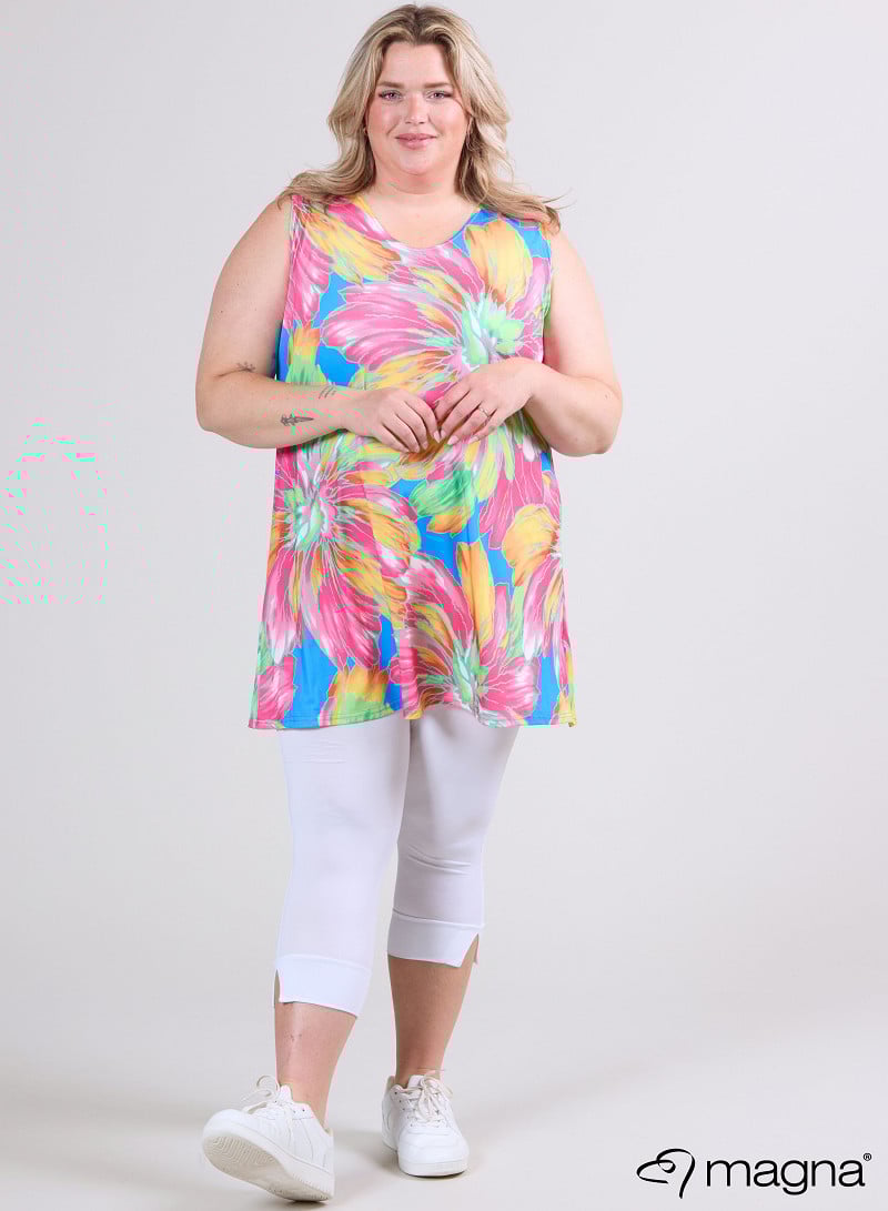 A-Line Sleeveless tunic/top (A-2302-PRINT) T75006-Neon Flower Pink-Green