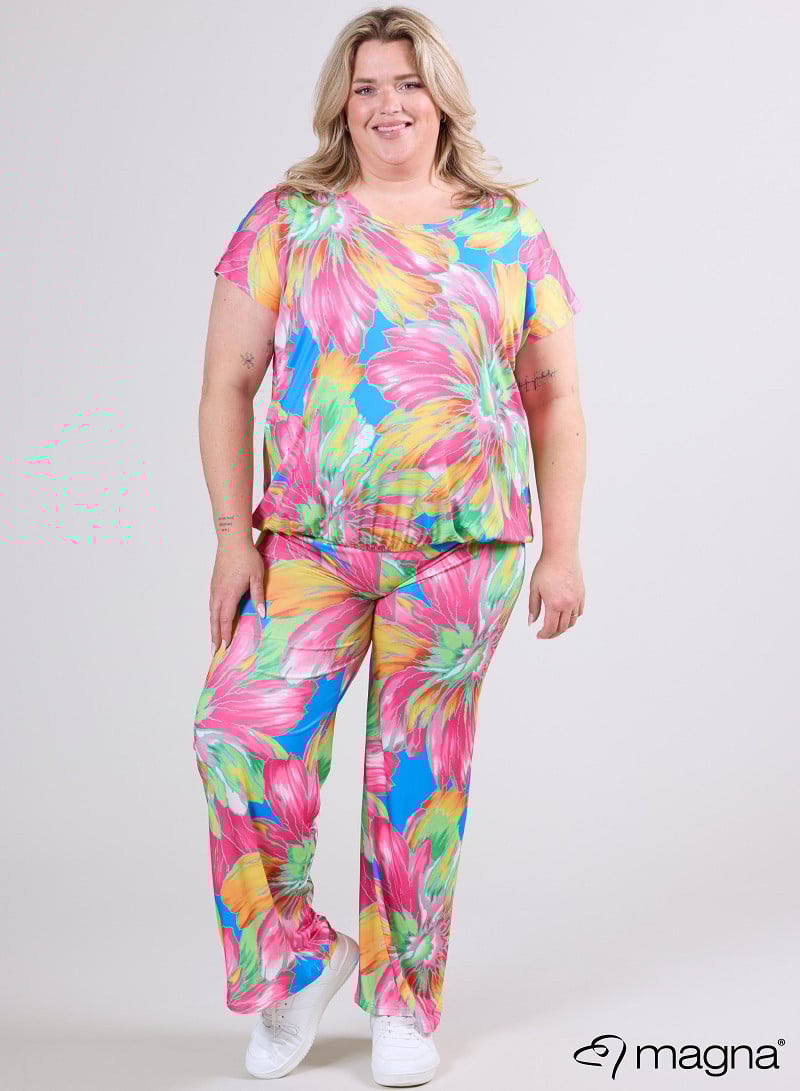 Simple Elastic Band Shirt (A-2502-PRINT) T75006-Neon Flower Pink-Green