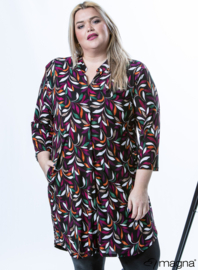 A-Line Long Pocket Tunic (C-2217-PR) X30026-Small Leaves Plum-Green