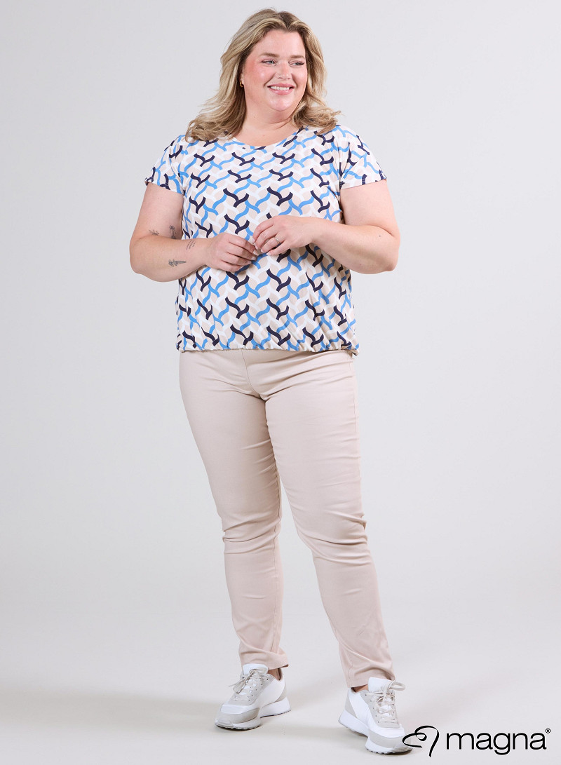 Simple Elastic Band Shirt (A-2502-PRINT) T72071-Woven Blue-Sand