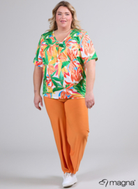 Flowy V-Neck Shirt (B-2103-PRINT) U11058-Jungle Green-Orange