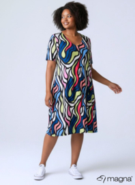 Long A-Line Dress (C-2203-PRINT) T30008-Bold Lines Waves Lime-Sky Blue