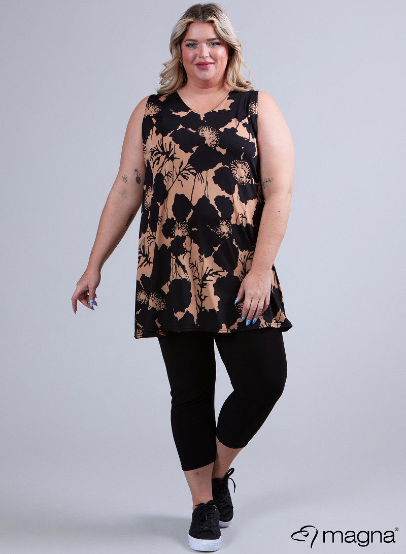 A-Line Sleeveless tunic/top (A-2302-PRINT) V59061-Bamboo Jungle Taupe