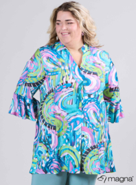 Flared Sleeves Relaxed Tunic (C-2503-PRINT) T39008-Flowing Canvas Lime-Pink