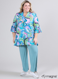 Flared Sleeves Relaxed Tunic (C-2503-PRINT) T39008-Flowing Canvas Lime-Pink