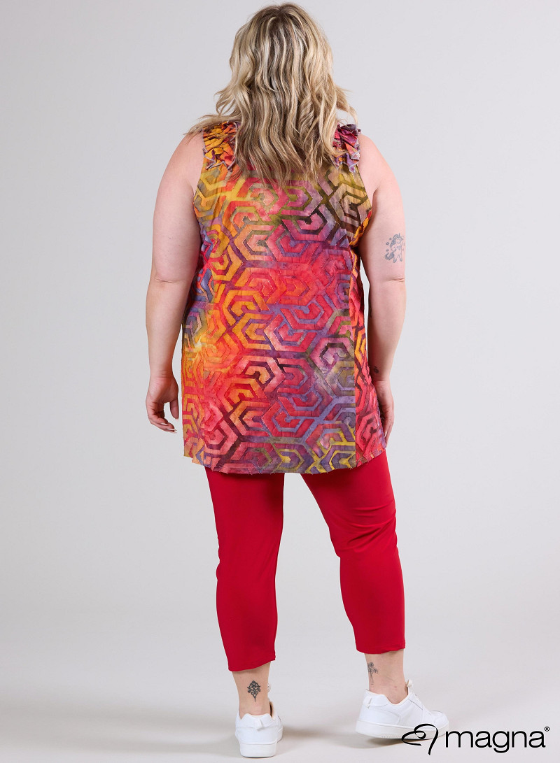 A-Line Sleeveless Frill Top-Tunic (C-2514-MSH) T77076-Maze Red-Yellow