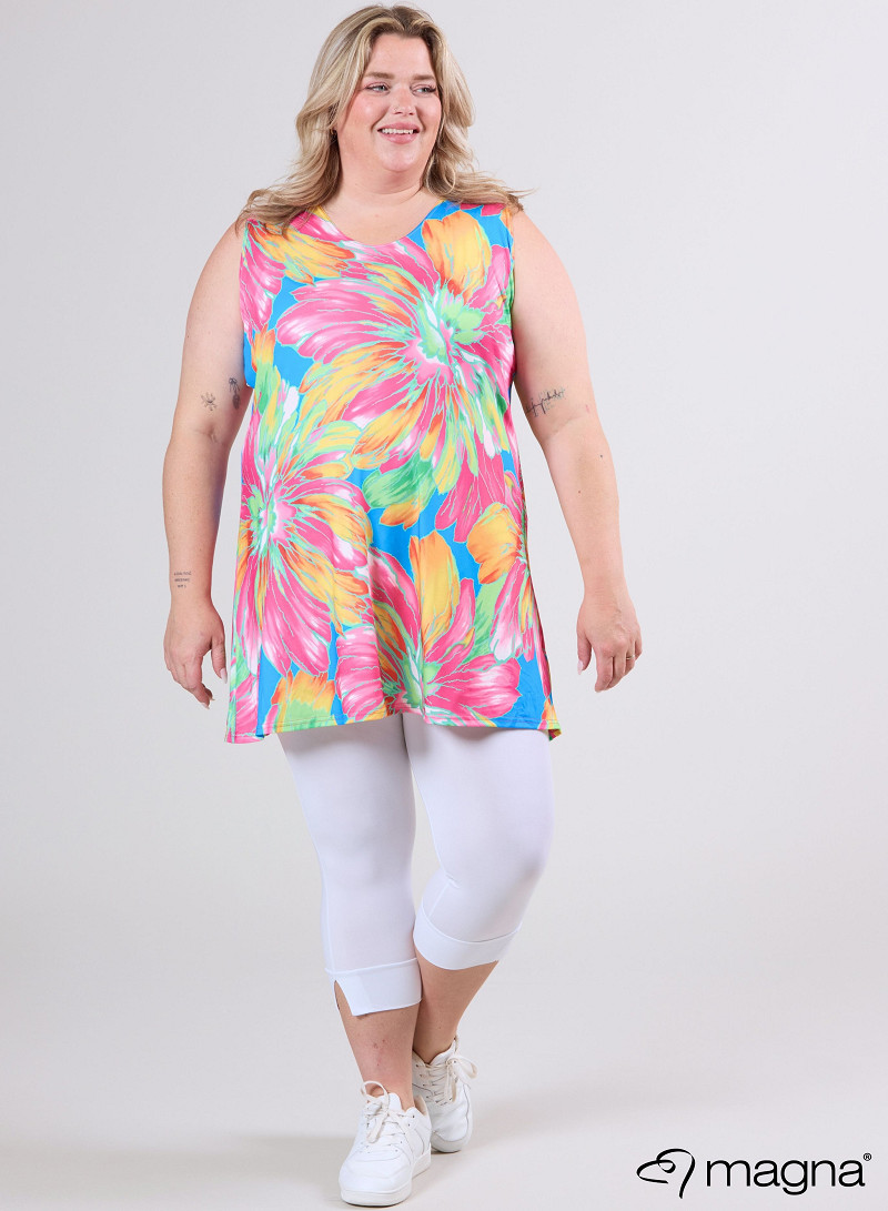 A-Line Sleeveless tunic/top (A-2302-PRINT) T75006-Neon Flower Pink-Green