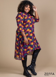 Chiffon Long Buttons-Up Tuniek-Jurk (ZF-DR-1004-PR) X64026-Plum-Orange Leafs