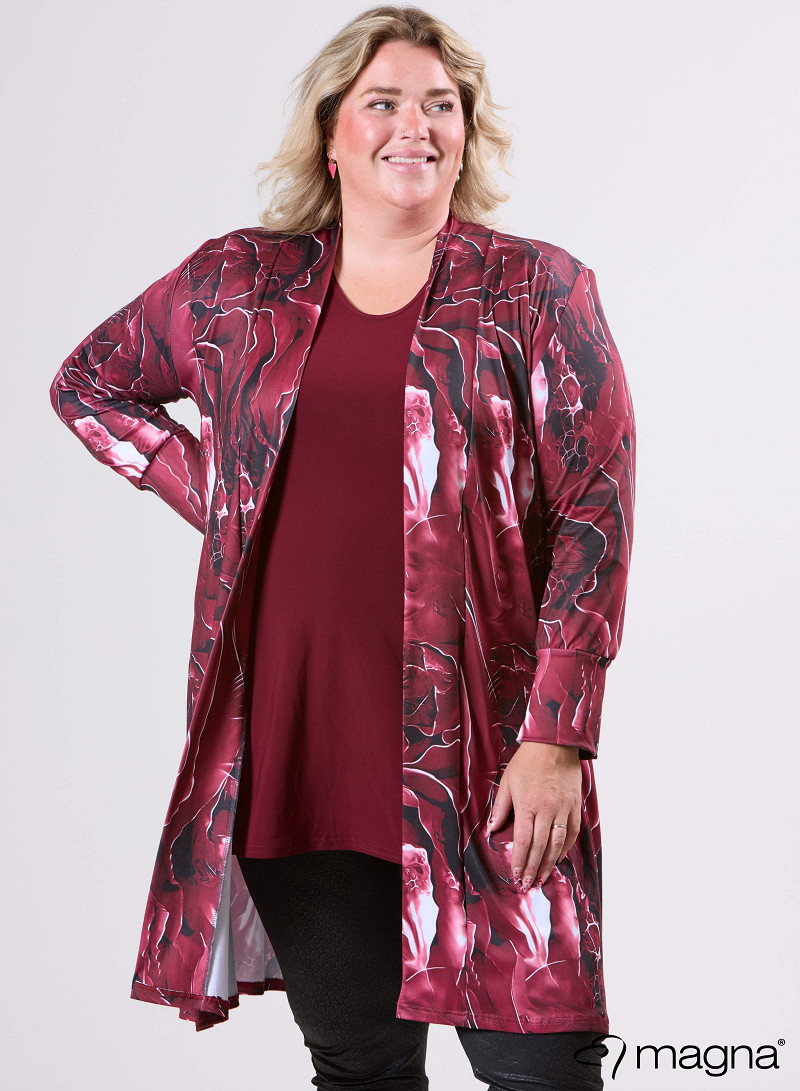 Open Front Loose Cardigan (N-2201-PRINT) T70032-Pebble Waves Wine Red