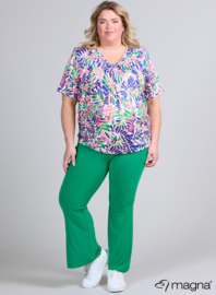Flowy V-Neck Shirt (B-2103-PRINT) U06060-Leaves Blue-Green