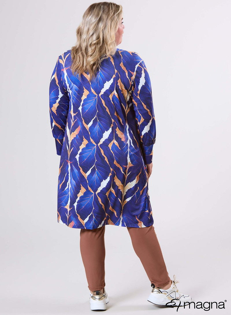 Open Front Loose Cardigan (N-2201-PRINT) T69060-Autumn Leaves Camel-Blue