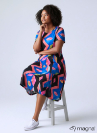 Long A-Line Dress (C-2203-PRINT) T32075-Mixed Shapes Roze-Blue