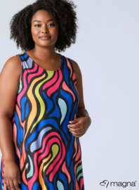 A-Shaped Sleeveless Split Dress (C-2323-PRINT) T30060-Bold Lines Waves Blue-Pink