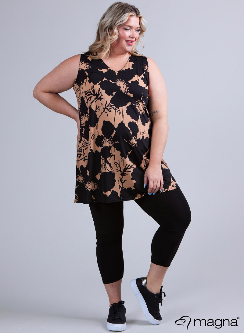 A-Line Sleeveless tunic/top (A-2302-PRINT) V59061-Bamboo Jungle Taupe