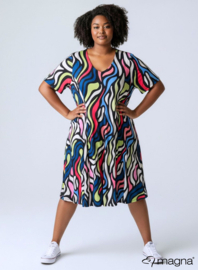 Long A-Line Dress (C-2203-PRINT) T30008-Bold Lines Waves Lime-Sky Blue