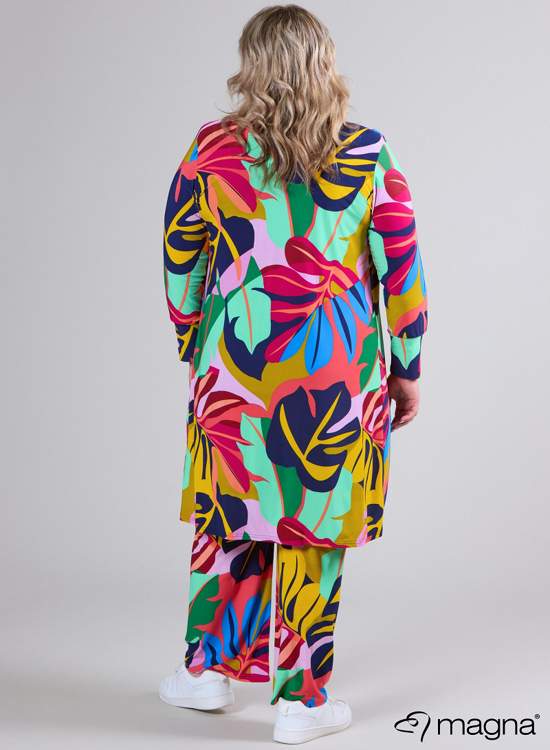 Open Front Loose Cardigan (N-2201-PRINT) T86067-Big Leaves Magenta-Mint